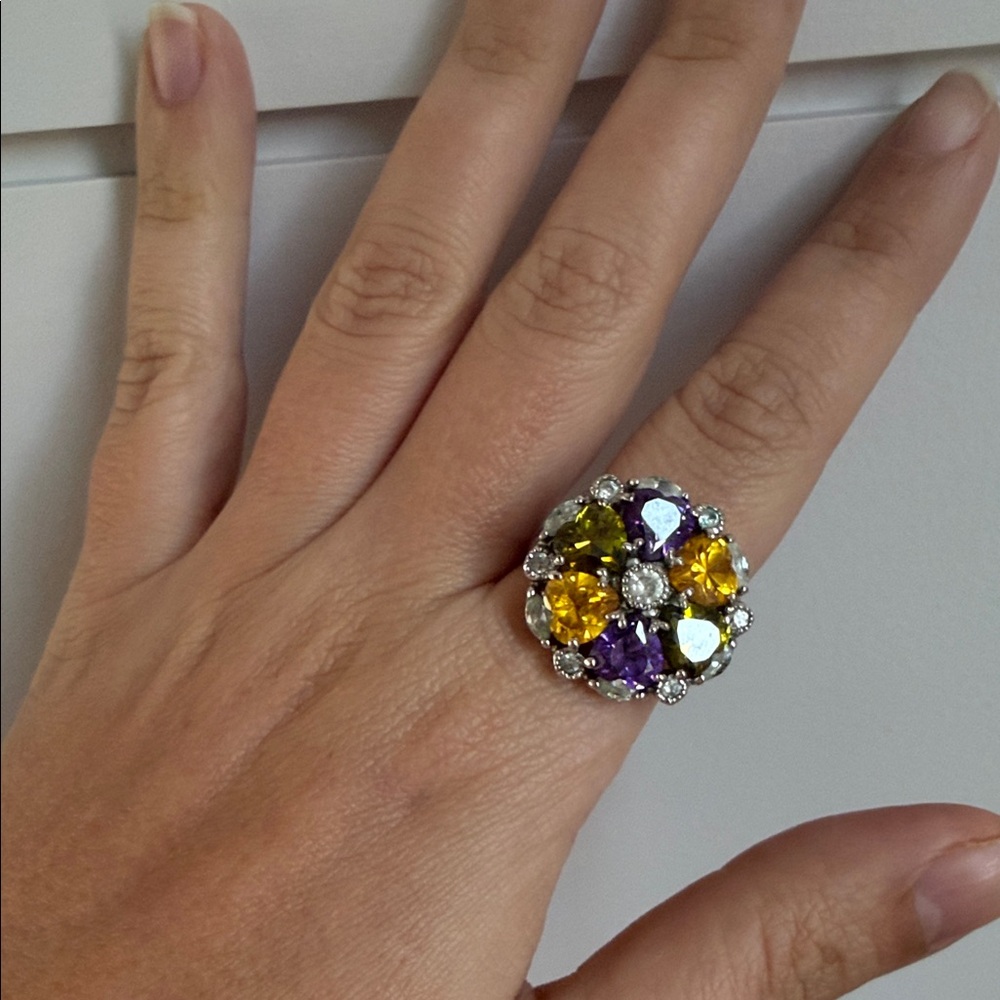 Multi-Gem Cluster Statement Ring in Purple, Yellow, and Green